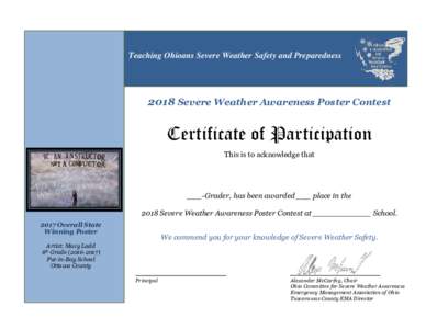 Teaching Ohioans Severe Weather Safety and PreparednessSevere Weather Awareness Poster Contest Certificate of Participation This is to acknowledge that