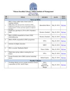 Vikram Sarabhai Library, Indian Institute of Management IIMA in Media (May 19-25, 2014) SR. NO.