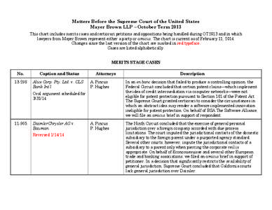 Matters Before the Supreme Court of the United States Mayer Brown LLP – October Term 2013 This chart includes merits cases and certiorari petitions and oppositions being handled during OT2013 and in which lawyers from 