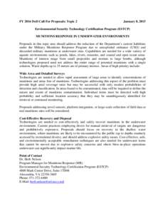 FY 2016 DoD Call For Proposals: Topic 2  January 8, 2015 Environmental Security Technology Certification Program (ESTCP) MUNITIONS RESPONSE IN UNDERWATER ENVIRONMENTS