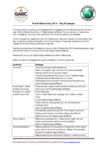 World Rabies Day 2014 – Key Messages This document provides you with suggested key messages around rabies prevention and this year’s World Rabies Day theme - #TogetherAgainstRabies. You can use any of these as your m