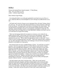 LEVEL 3 Winner and national Honor Award recipient: Y Thien Hoang Title: Across the Plains in 1844 Author: Catherine Sager Pringle Dear Catherine Sager Pringle, I’m writing this letter to you with great gratitude for yo
