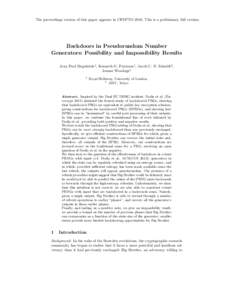 The proceedings version of this paper appears in CRYPTOThis is a preliminary full version.  Backdoors in Pseudorandom Number Generators: Possibility and Impossibility Results Jean Paul Degabriele1 , Kenneth G. Pat