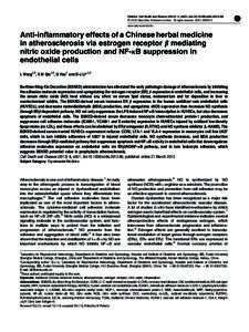 Anti-inflammatory effects of a Chinese herbal medicine in atherosclerosis via estrogen receptor &beta; mediating nitric oxide production and NF-&kappa;B suppression in endothelial cells