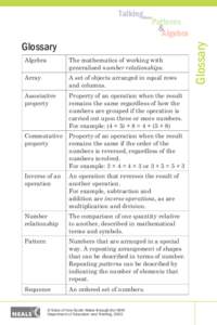 Glossary Algebra The mathematics of working with generalised number relationships.