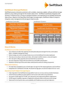 DATASHEET  SwiftStack Storage Platform SwiftStack powers enterprise customers with a reliable, massively scalable, software defined storage platform, truly unifying storage for the modern data center. SwiftStack seamless