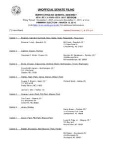 UNOFFICIAL SENATE FILING NORTH CAROLINA GENERAL ASSEMBLY SENATE CANDIDATESSESSION) Filing Period: December 1, 2015, at noon to December 21, 2015, at noon PRIMARY ELECTION – MARCH 15, 2016