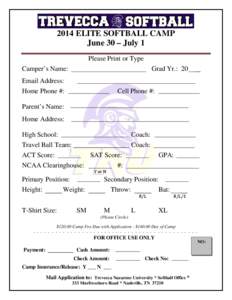 2014 ELITE SOFTBALL CAMP June 30 – July 1 Please Print or Type Camper’s Name:  Grad Yr.: 20
