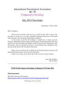 International Sociological Association RC 20 Comparative Sociology July 2014 Newsletter Strasbourg: 10 July, 2014