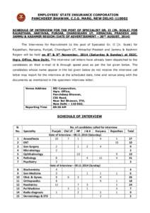 EMPLOYEES’ STATE INSURANCE CORPORATION PANCHDEEP BHAWAN, C.I.G. MARG, NEW DELHI[removed]SCHEDULE OF INTERVIEW FOR THE POST OF SPECIALIST GR. II (JR. SCALE) FOR RAJASTHAN, HARYANA, PUNJAB, CHANDIGARH UT, HIMACHAL PRADESH