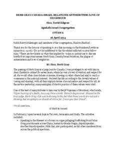 HERB GRAY/CANADA-ISRAEL RELATIONS/ANTISEMITISM/LOVE OF NEIGHBOUR Hon. David Kilgour Agudath Israel Congregation OTTAWA 26 April 2014