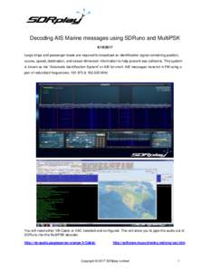 Decoding AIS Marine messages using SDRuno and MultiPSKLarge ships and passenger boats are required to broadcast an identification signal containing position, course, speed, destination, and vessel dimension in