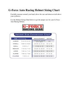 G-Force Auto Racing Helmet Sizing Chart Carefully measure around your head, above the ears and about an inch above your eyebrows. Use the Helmet Sizing Chart below to get the proper size for your G-Force Auto Racing Helm