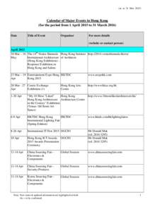 (as at 31 Mar[removed]Calendar of Major Events in Hong Kong (for the period from 1 April 2015 to 31 March[removed]Date