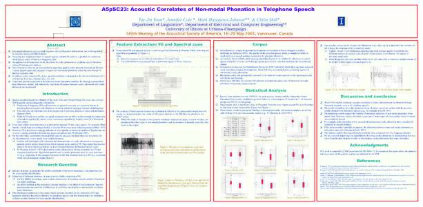 A5pSC23: Acoustic Correlates of Non-modal Phonation in Telephone Speech Tae-Jin Yoon*, Jennifer Cole *, Mark Hasegawa-Johnson**, & Chilin Shih* Department of Linguistics*; Department of Electrical and Computer Engineerin