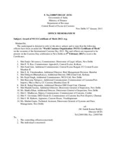 F. NoIC (ICD) Government of India Ministry of Finance Department of Revenue Central Board of Excise & Customs New Delhi 31st January 2013