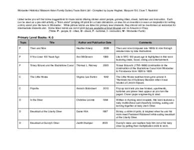 Worcester Historical Museum Alden Family Gallery Trade Book List - Compiled by Jayne Hughes, Maryann Toll, Clare T. Nadolski  Listed below you will find some suggestions for trade books offering stories about people, gro