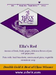 q  Ella’s Red Aromas of fresh, fruity grapes, delicious flavors of jam and grape juice. Pairs with: basil bruschetta, sweet-sauced pizza, vegetable