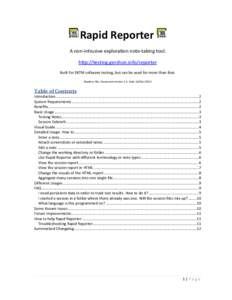 Rapid Reporter A non-intrusive exploration note-taking tool. http://testing.gershon.info/reporter Built for SBTM software testing, but can be used for more than that. Readme File. Document version 2.3. Date 16/Dec/2012