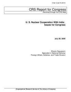 U. S. Nuclear Cooperation With India: Issues for Congress