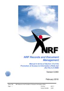 NRF Records and Document Management Manual in terms of Section 14 of the Promotion of Access to Information (PAIA) Act (Act No.2 of 2000)