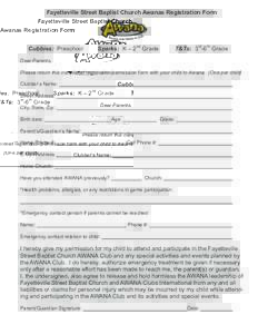 Fayetteville Street Baptist Church Awanas Registration Form  Cubbies: Preschool Sparks: K – 2nd Grade
