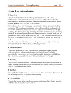 Oracle Internationalization - Workshop Description  page 1 of 3 Oracle Internationalization ❚ Overview