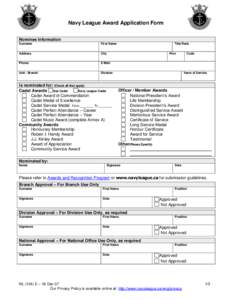 Navy League Award Application Form Nominee Information Surname First Name