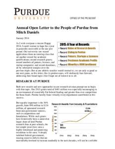 Annual Open Letter to the People of Purdue from Mitch Daniels January 2016 As I wish everyone a sincere Happy 2016, I could venture to hope for a year as generally successful as the one just