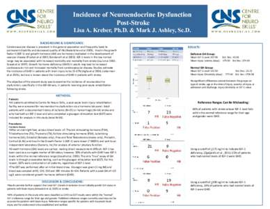 Incidence of Neuroendocrine Dysfunction Post-Stroke Lisa A. Kreber, Ph.D. & Mark J. Ashley, Sc.D. BACKGROUND & SIGNIFICANCE: Cerebrovascular disease is prevalent in the general population and frequently leads to