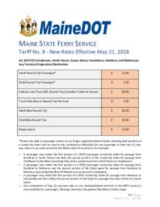 MAINE STATE FERRY SERVICE Tariff No. 8 - New Rates Effective May 21, 2018 ALL ROUTES (Vinalhaven, North Haven, Swans Island, Frenchboro, Islesboro, and Matinicus) Any Terminal Origination/Destination Adult Round-Trip Pas
