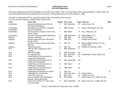 © Association of Professional Genealogists  APGQ Subject IndexSeptember)  Page 1