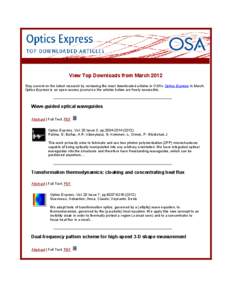 View Top Downloads from March 2012 Stay current on the latest research by reviewing the most downloaded articles in OSA’s Optics Express in March. Optics Express is an open-access journal so the articles below are free