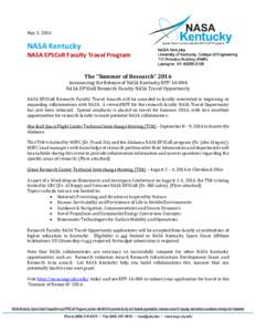 May 3, 2016  NASA Kentucky NASA EPSCoR Faculty Travel Program The “Summer of Research” 2016