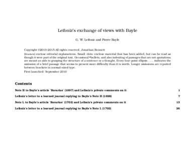 Leibniz’s exchange of views with Bayle G. W. Leibniz and Pierre Bayle Copyright ©2010–2015 All rights reserved. Jonathan Bennett [Brackets] enclose editorial explanations. Small ·dots· enclose material that has be