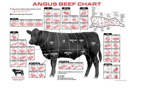 ANGUS BEEF CHART Steaks and roasts suitable for broiling, panbroiling and roasting Also represents the most desirable cuts and accounts for about 90% of the retail value of a carcass  RIB
