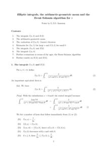 Elliptic integrals, the arithmetic-geometric mean and the Brent-Salamin algorithm for π Notes by G.J.O. Jameson Contents 1.