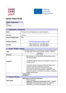 GOOD PRACTICES Partner Organisation SIH Lithuania  1 – Organization / Individuals