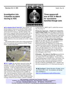 Thursday, Feb. 13, 2003  Investigation into Columbia accident moving to KSC