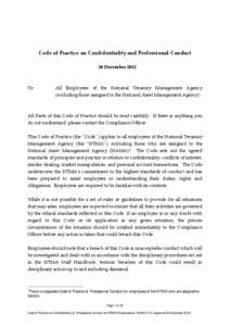 Code of Practice on Confidentiality and Professional Conduct 20 December 2012 To:  All Employees of the National Treasury Management Agency