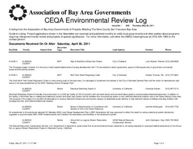 CEQA Environmental Review Log Issue No: 328  Thursday, May 26, 2011