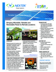 Portable Solar Power Generator SPEC SHEET Bringing Affordable, Reliable and Renewable Power to Remote Locations