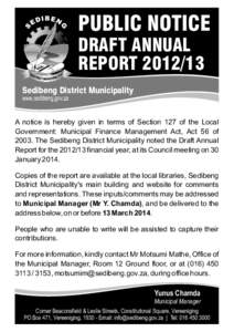 PUBLIC NOTICE DRAFT ANNUAL REPORT[removed]Sedibeng District Municipality www.sedibeng.gov.za