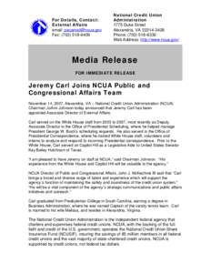 Media Release - NCUA External Affairs Deputy Moves to Treasury