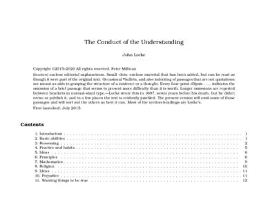 The Conduct of the Understanding John Locke Copyright ©2015–2020 All rights reserved. Peter Millican [Brackets] enclose editorial explanations. Small ·dots· enclose material that has been added, but can be read as t