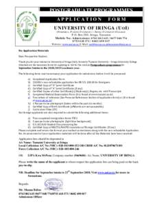 POSTGRADUATE PROGRAMMES APPLICATION FORM  UNIVERSITY OF IRINGA (UOI)