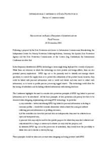 INTERNATIONAL CONFERENCE OF DATA PROTECTION & PRIVACY COMMISSIONERS RESOLUTION ON RADIO-FREQUENCY IDENTIFICATION Final Version 20 November 2003