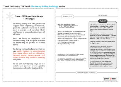 Teach	
  the	
  Poetry	
  TEKS	
  with	
  The	
  Poetry	
  Friday	
  Anthology	
  series  * Poetry TEKS for Fifth Gradeb)(4)