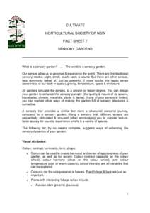 CULTIVATE HORTICULTURAL SOCIETY OF NSW FACT SHEET 7 SENSORY GARDENS  What is a sensory garden? . . . . The world is a sensory garden.