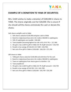 EXAMPLE OF A DONATION TO YANA OF SECURITIES: Mrs. Smith wishes to make a donation of $100,000 in shares to YANA. The shares originally cost her $20,000. She is unsure if she should sell the shares and donate the cash or 